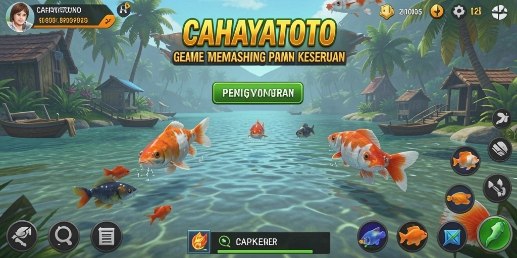 Screenshot gameplay CAHAYATOTO menampilkan pemain yang sedang memancing di danau yang indah.