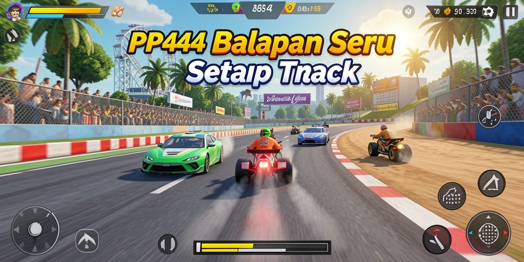 Tangkapan layar utama PP444 menampilkan aksi balap yang mendebarkan.